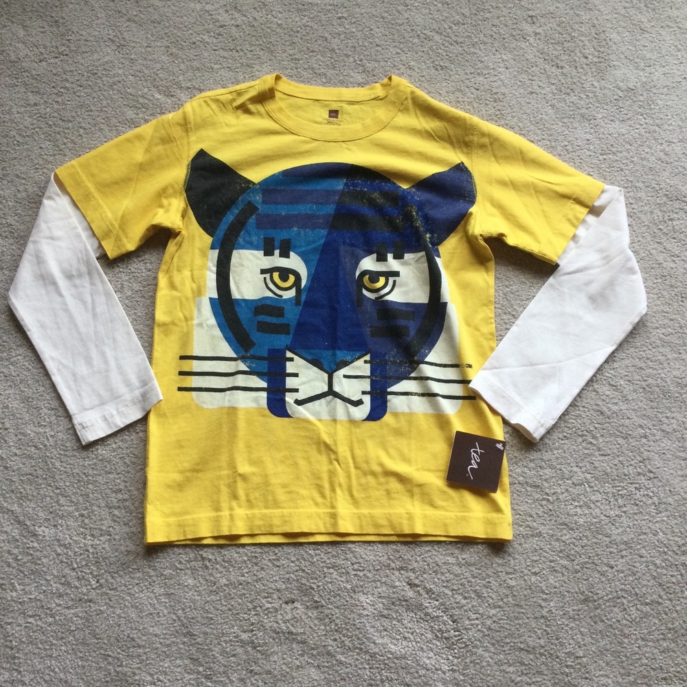 New Tea Collection boys medium yellow/white shirt with cat design